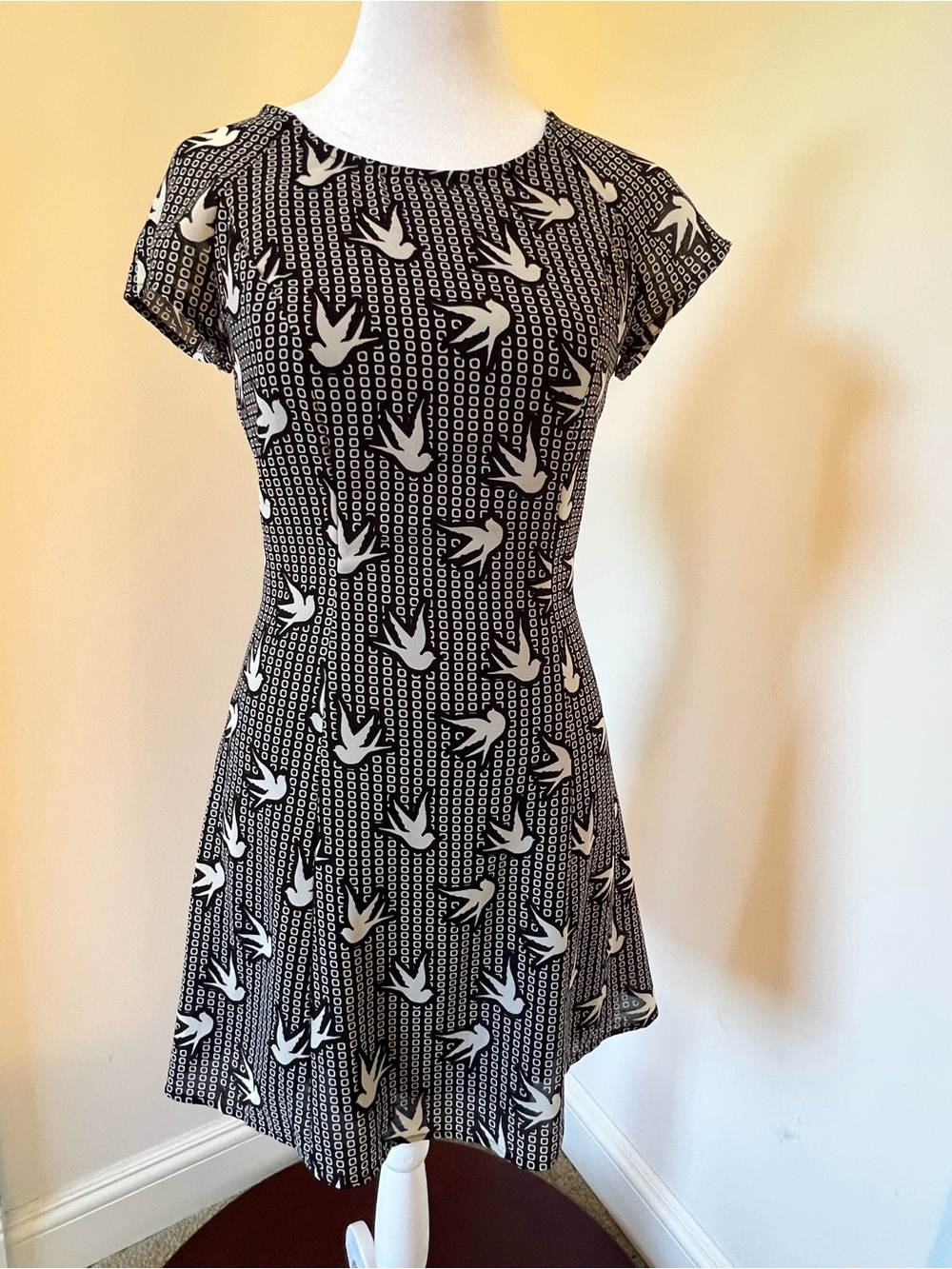 Black & White Swallow Print Fit-and-Flare Dress